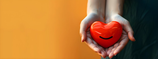 Close-up of a woman's hands holding a red heart, symbolizing love and emotional health, on an orange background.