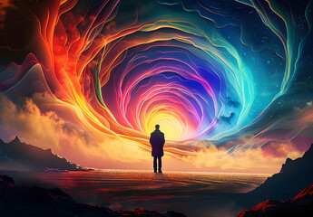 Fototapeta premium A person silhouetted against a vibrant, colorful abstract wormhole, reflecting concepts of serenity and self-exploration.