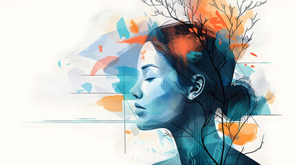 Illustration of a woman's profile with abstract elements symbolizing mental health; ideal for awareness campaigns and therapeutic services.