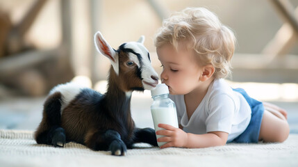 A small boy feeding a bottle of milk to a baby goat while lying on a rug indoors.