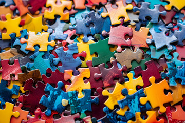 A variety of colorful puzzle pieces strewn about, useful for designs about games and leisure activities.