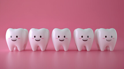 Five cartoon-style happy teeth characters lined up against a pink background.