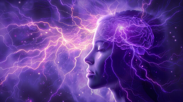 Profile of a woman with lightning depicting brain activity, representing epilepsy awareness and neurological health.