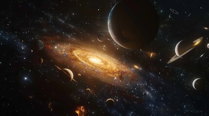 Planets of the solar system against the background of a spiral galaxy in space. national asteroid day
