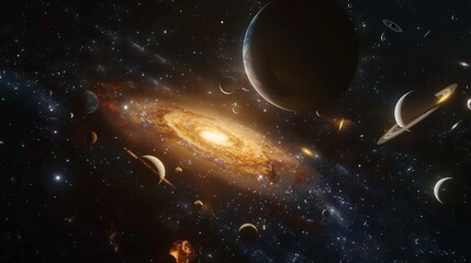 Obraz premium Planets of the solar system against the background of a spiral galaxy in space. national asteroid day