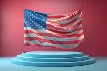 American Flag and fireworks mockup podium background with copy space . 4 July independence day concept celebration happy hours and sales.