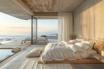 Luxurious coastal bedroom with modern minimalist design, organic materials, and sustainable features bathed in afternoon sunlight, reflecting a serene and airy atmosphere.