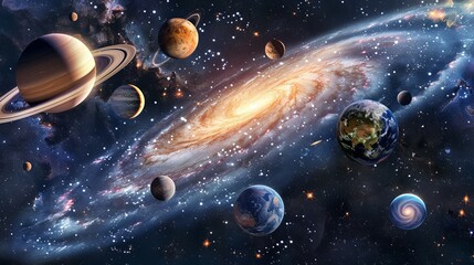 Planets of the solar system against the background of a spiral galaxy in space. national asteroid day