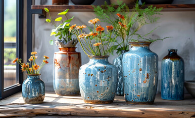 Ceramic vases and flowers on wooden table