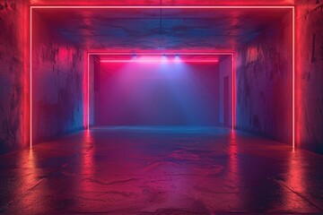 An empty underground blue room with bare walls and lighting with empty space