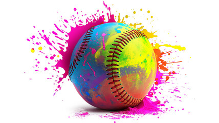 Colorful Softball with Vibrant Paint Splashes isolated on a transparent background