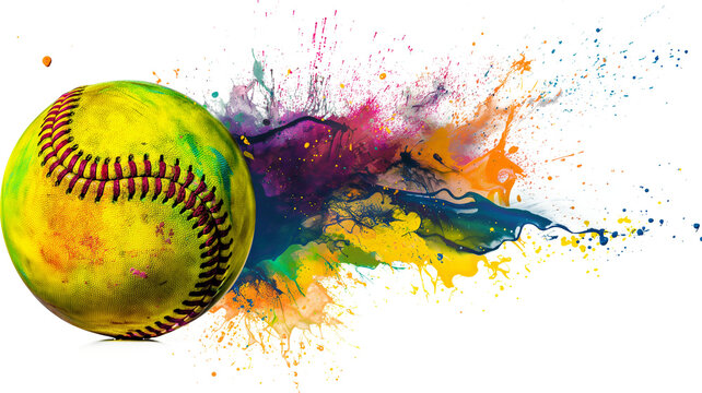 Colorful Softball with Vibrant Paint Splashes isolated on a transparent background