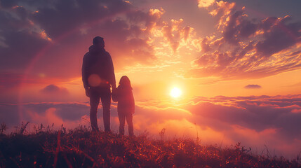 Father and daughter standing on a mountaintop at sunset.