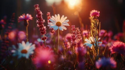   A field of wildflowers with the sun shining through the trees in the background and the grass in the foreground is already optimized text It is concise and accurately describes the