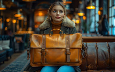 Fototapeta premium Young beautiful woman with brown vintage bag sitting in cafe. Travel concept.