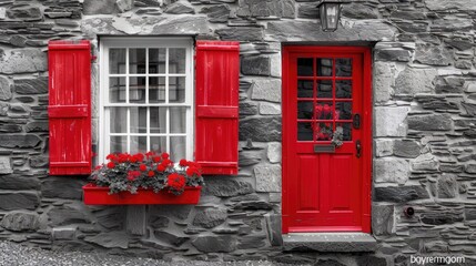 Fototapeta premium red window shutters adorning a stone house, accompanied by a potted white flower near a vibrant red door, against a backdrop of a grey wall, showcasing the allure of bright color elements.