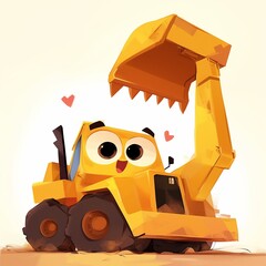 A cheerful yellow excavator cartoon with hearts, perfect for capturing the hearts of children and introducing them to construction vehicles in a fun way