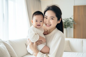 Asian Mother. family and motherhood concept - happy smiling young pretty asian mother with little baby at home interior.