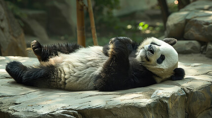 Atmosphere of peace and tranquility reflected in the peaceful expression of a sleeping panda.
