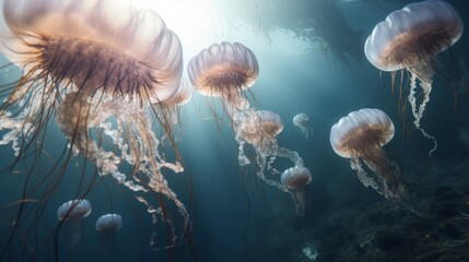 Majestic Jellyfish Gliding Gracefully In The Depths Of The Ocean. Generative AI
