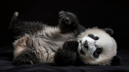Adorable panda cub lying on its back. isolated on black background
