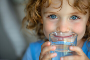 Cute child holds glass of water