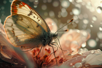 Butterfly resting on a flower petal. Delicate image of beauty of nature