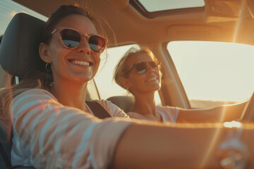 Woman in summer auto journey travel by car. Holiday concept