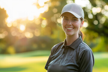 Female golfer wearing golf uniform smiling brightly on a blurred background