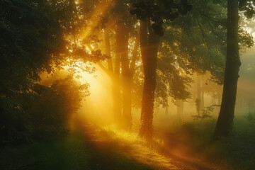 Magical foggy forest. Beautiful scene misty forest with sun rays and fog