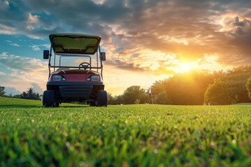 Golf cart car on golf course with grass field and cloud sky