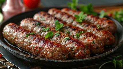   A pan filled with meat coated in ketchup and garnished with a green leafy garnish