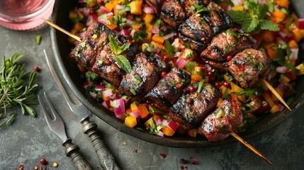   A skewered pan filled with meat and veggies next to a fork and glass of wine