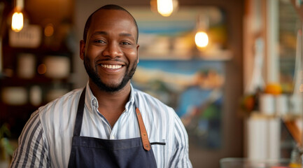Fototapeta premium Black man, portrait and happy in coffee shop for business, customer and hospitality. Barista, smile and new owner in cafe store or restaurant for entrepreneurship, startup and excellence in job