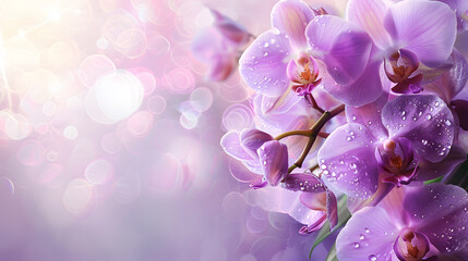 Purple orchids with water drops on them, set against a violet background