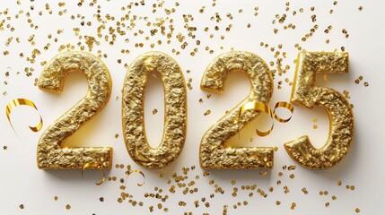 Happy New Year 2025. Gold Numbers 2025 on white Background,with Flying Confetti and Ribbons.