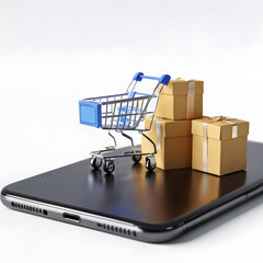 Shopping Trolley cart and gift boxes on mobile smartphone Online ecommerce internet digital business concept on white background