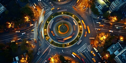 Bird's eye view of a busy city roundabout with high traffic volume. Concept Cityscape Photography, Traffic Congestion, Urban Infrastructure, Aerial Perspective, Transportation Trends - Powered by Adobe