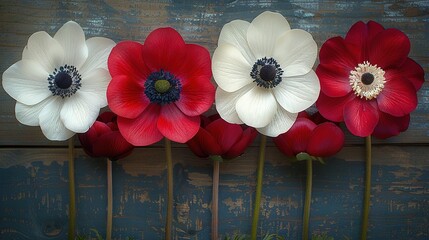   A row of red and white flowers sits atop a wooden table beside a blue plank wall