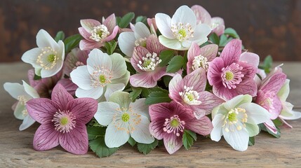   A table in front of a wood wall with pink and white flowers
