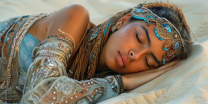 surreal desert scene - a beautiful woman sleeping in the sand