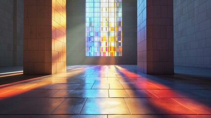 Sunlight Streaming Through Modern Stained Glass Window in Minimalist Church