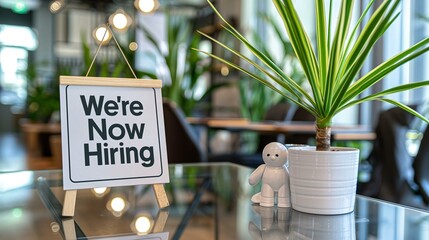 We're Now Hiring Sign Displayed Elegantly on a Modern Office Desk