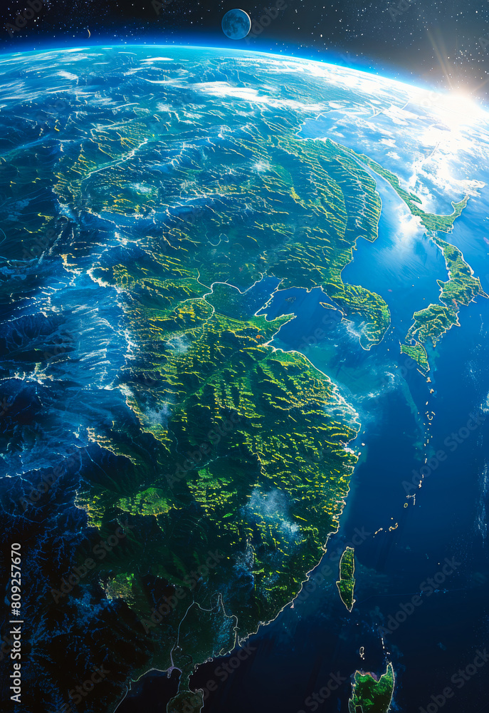 Poster china in red on model of planet earth with clouds and atmosphere in space.