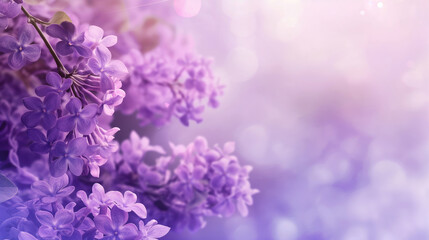 Obraz premium Beautiful purple lilac flowers background. Copy space blue and violet seasonal wallpaper with tiny spring flowers of lilacs in bloom.
