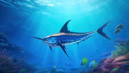 Naklejka premium Giant Marlin fish in the ocean, beautiful view of marlin fish in the blue ocean