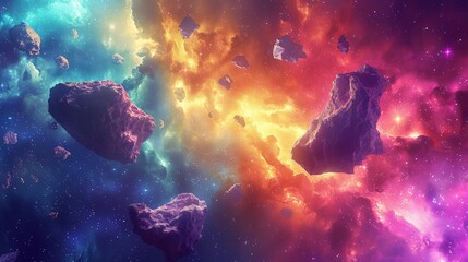 Space background. Asteroid belt fly in colorful fractal nebula, national asteroid day