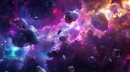 Space background. Asteroid belt fly in colorful fractal nebula, national asteroid day