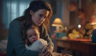 Portrait of tired young woman hugging upset little baby child on mother's breast. Mental health, motherness, mental health and lifestyle concept image.