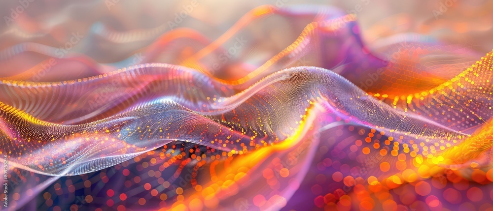 Poster an abstract 3d spectacle of sound and form, where dots and lines weave together to create a harmonio